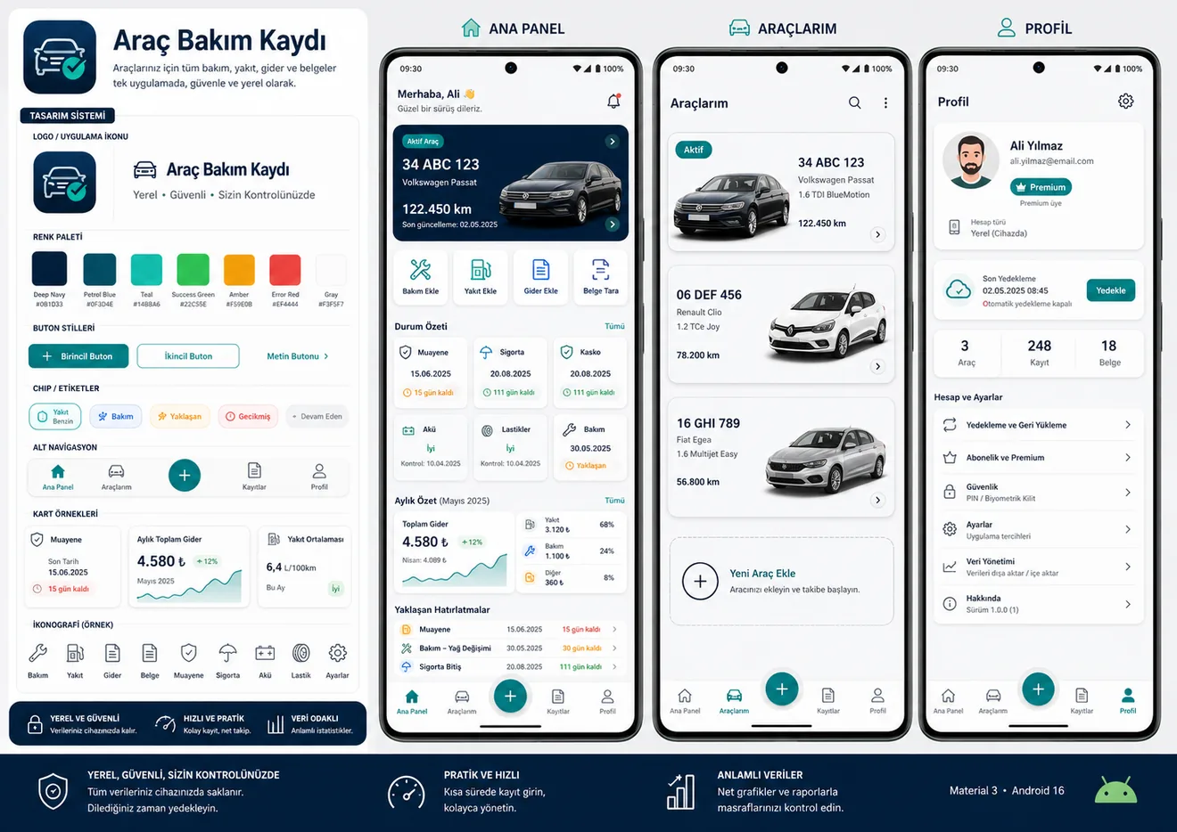 Ana panel, araçlar ve profil ekranları